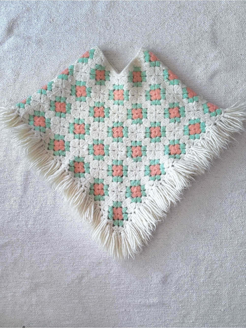 Vintage 70’s Crochet Poncho Girls Size Small Pastel Granny Square Fringe